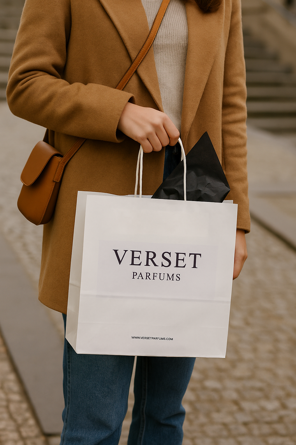 Person holding a Verset Parfums shopping bag with a brown coat and brown handbag.