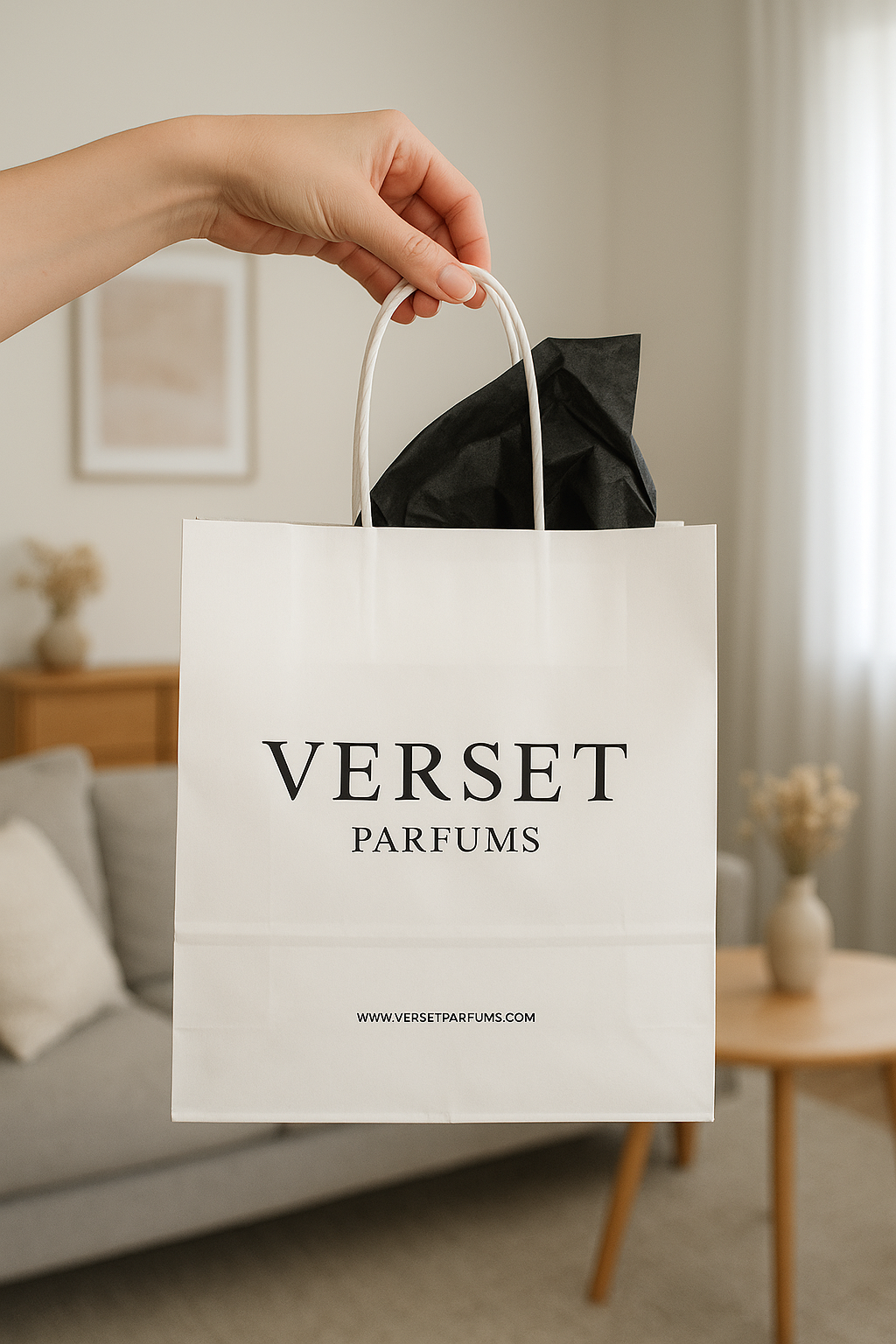 Hand holding a Verset Parfums shopping bag in a living room setting