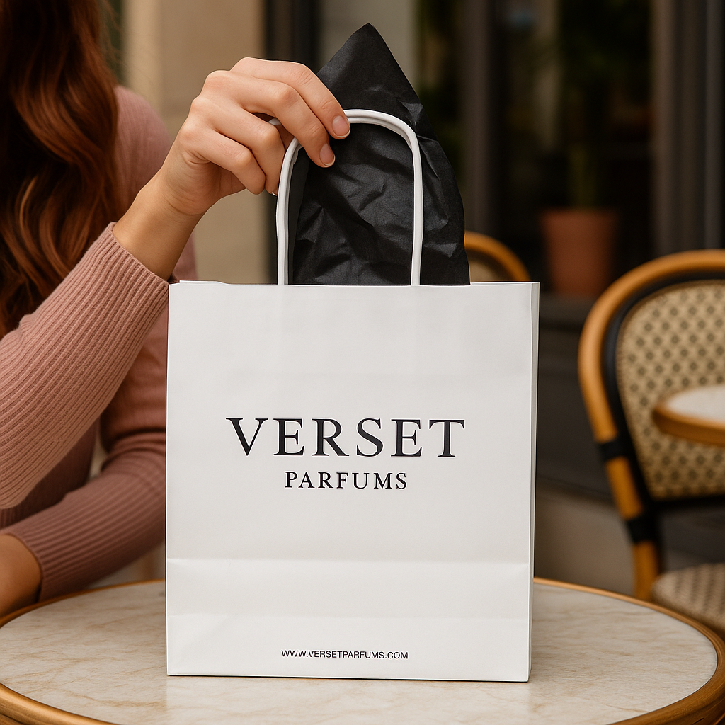 Person holding a Verset Parfums shopping bag in a blurred indoor setting